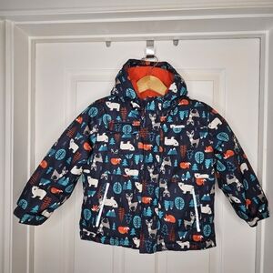 George Boys Animal Print Fleece Lined Jacket 5T Hooded Navy Blue Orange Cozy